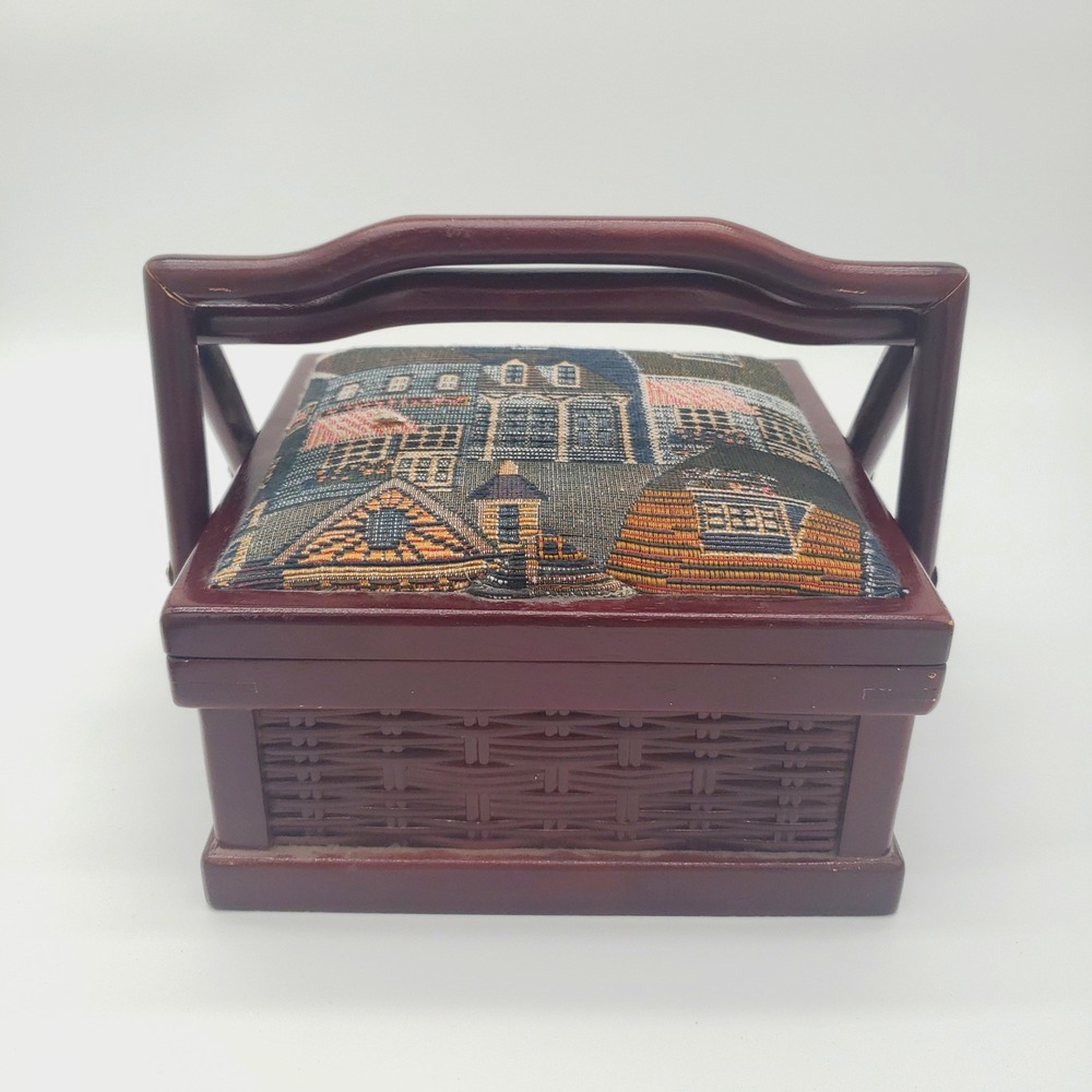 Vintage Wooden Sewing Basket Tapestry Lid Village Scene Jewelry Box Organizer